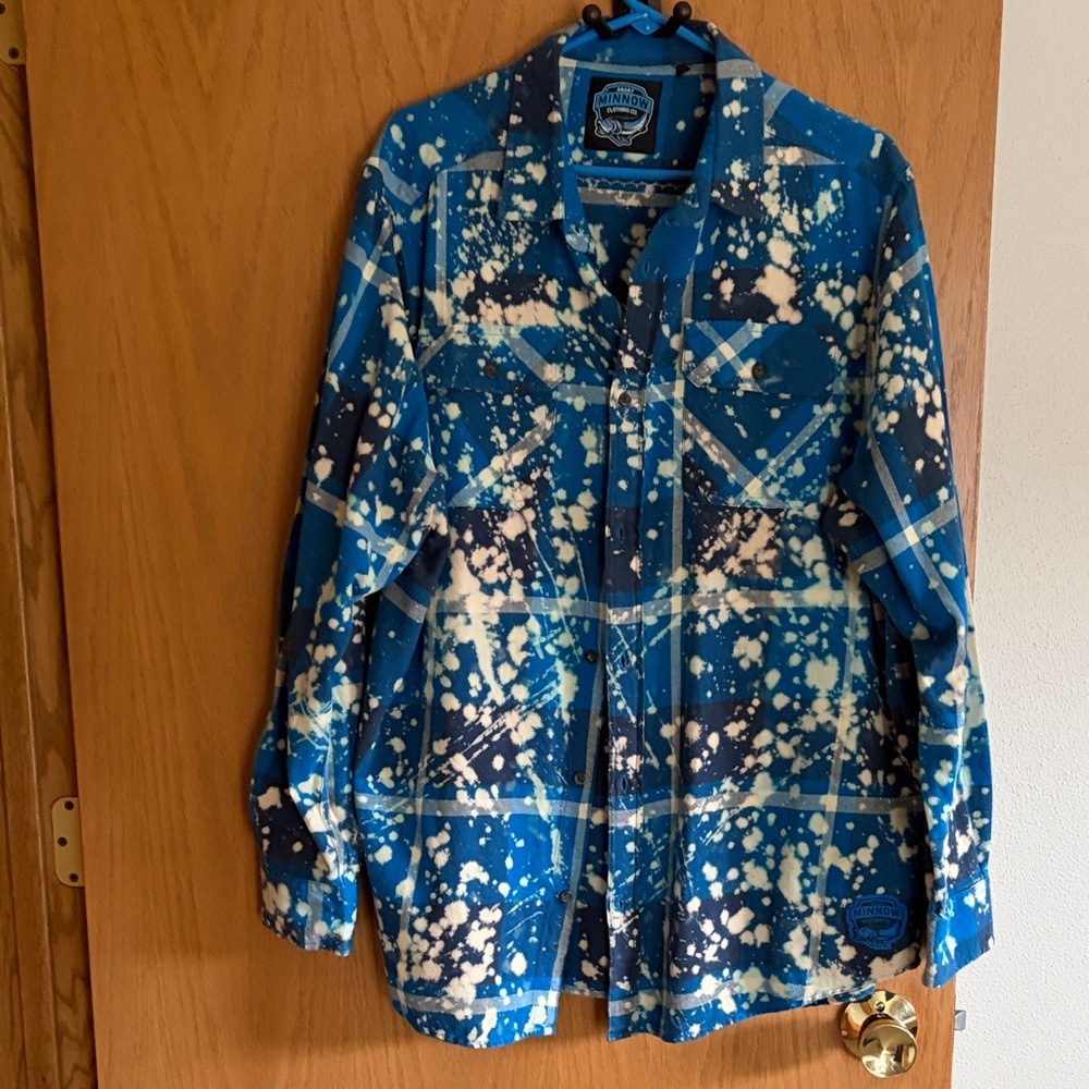 Blue Plaid Bleach-Splatter Flannel over sized shirt